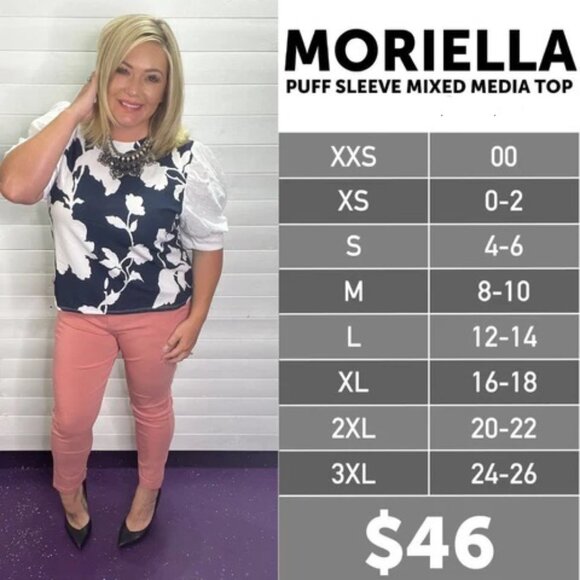 Small Lularoe Moriella puff sleeve top, plum with pink and lime green flowers. - Picture 2 of 2